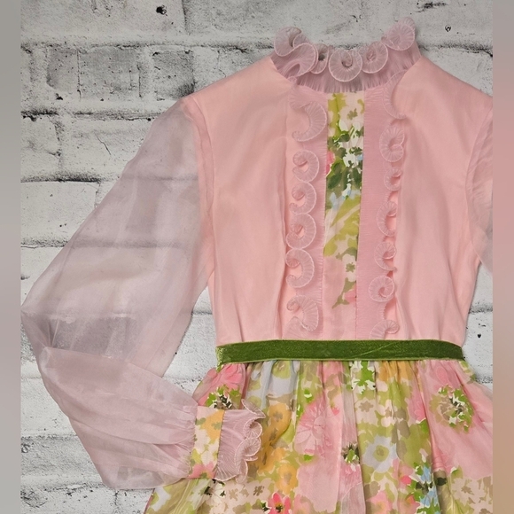 Vintage 60s Sylvia Ann Floral Maxi Dress – Sheer Sleeves & Velvet Trim XS - Picture 9 of 16